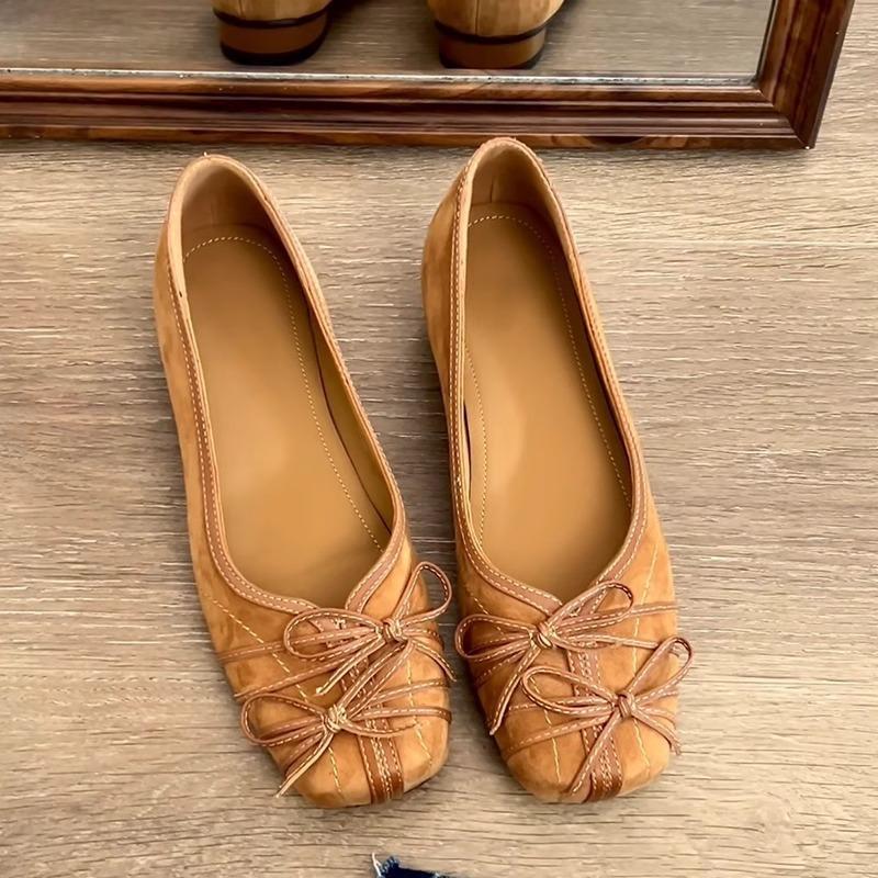 

~ Square head bow light mouth low heel niche single shoes women s summer new thick heel medium heel shoes 39 верблюд
