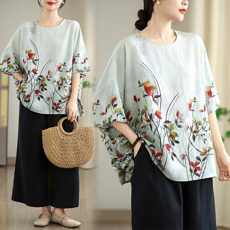 DIMANAF 2026 Große Größen Neues T-Shirt Damen T-Shirts Blumenmuster Locker Lässig Rundhals Damen Oberteile Blusen Hemden Oversize Sommer