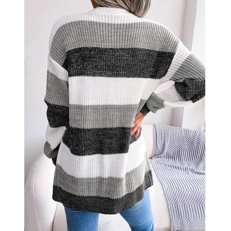 Vintage Stripe Knitted Cardigan Women Long Sleeve Open Stitch Loose Sweaters Coat Casual Pull Femme Loose Elegant Knitwear 28204