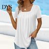 Pleated Casual Shirt Summer T-shirt Square Collar Short Sleeve Tee Solid Color Loose Fit A-Line Home Date Office Tops A-line Silhouette Top