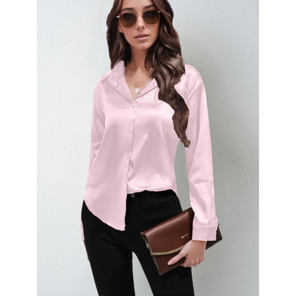 GMXIA Sateng Silkelignende Langermet Ensfarget Skjorte for Kvinner, Elegant Knappedetalj foran med Krage
