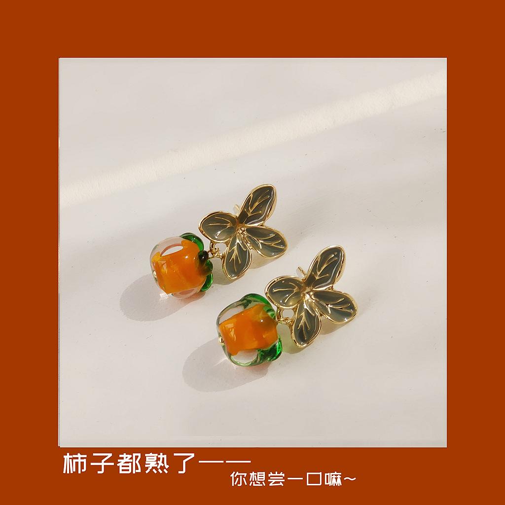 I want persimmon! 14K 925 silver needle plated glass persimmon earrings Japanese, glazed stud earrings Earrings