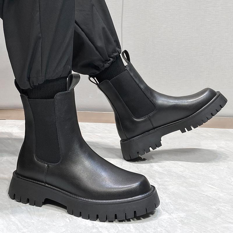 British Style Men's Fashion Chelsea Boots Soft Leather Shoes Cowboy Platform Boot Handsome Autumn Winter High Top Botas Hombre