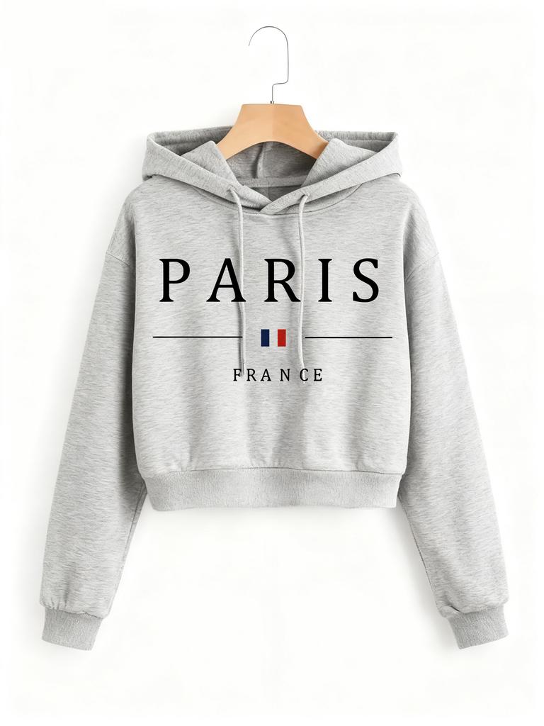 Y2k Paris France Letter Print Autumn Winter Cropped Sweatshirt Crop Top Hoodie Sweatshirts Gothic Casual Grunge Clothing