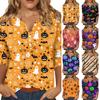 Women Casual Halloween Print V Neck Short Sleeve Button Detail Three Quarter Sleeve T Shirt Top