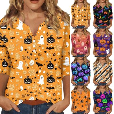Women Casual Halloween Print V Neck Short Sleeve Button Detail Three Quarter Sleeve T Shirt Top