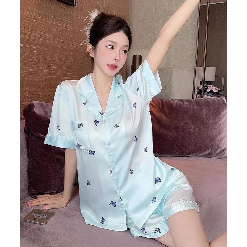 Elegant Butterfly Literary Aesthetics Women Pajamas Summer New Home Sleepwear Light Blue Fresh Short Sleeve+shorts Set