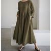 New Women's Plus Size Cotton Linen Dress, Loose Fit Round Neck Long Sleeve Knee-Length Pullover, Japanese Korean Forest Girl Style Casual Summer Dress
