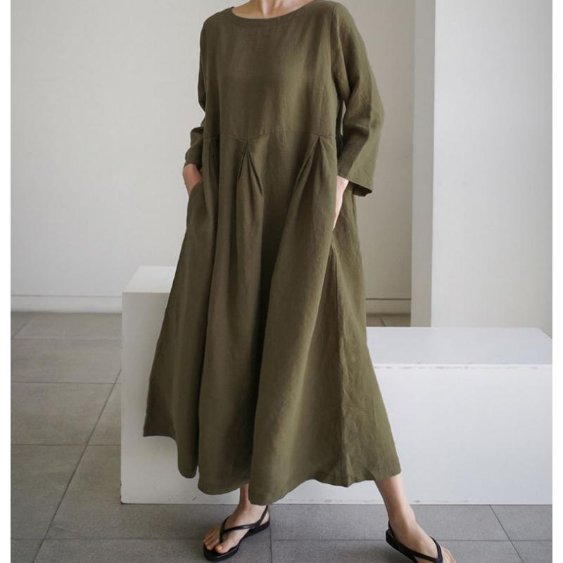 New Women's Plus Size Cotton Linen Dress, Loose Fit Round Neck Long Sleeve Knee-Length Pullover, Japanese Korean Forest Girl Style Casual Summer Dress