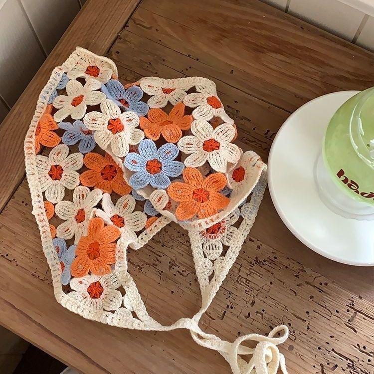 Triangle towel cute flower dopamine French retro headscarf spring and summer travel sweet literary knitting hollow straps