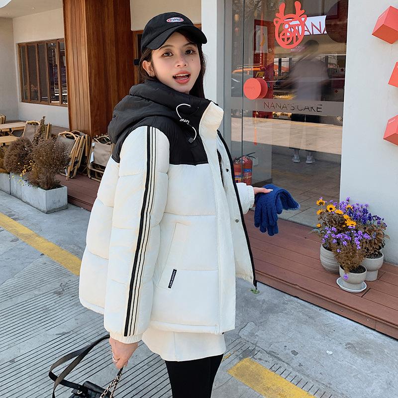 Spliced contrasting hooded cotton clothes for women in 2025 winter new loose thickened warm jacket bread jacket