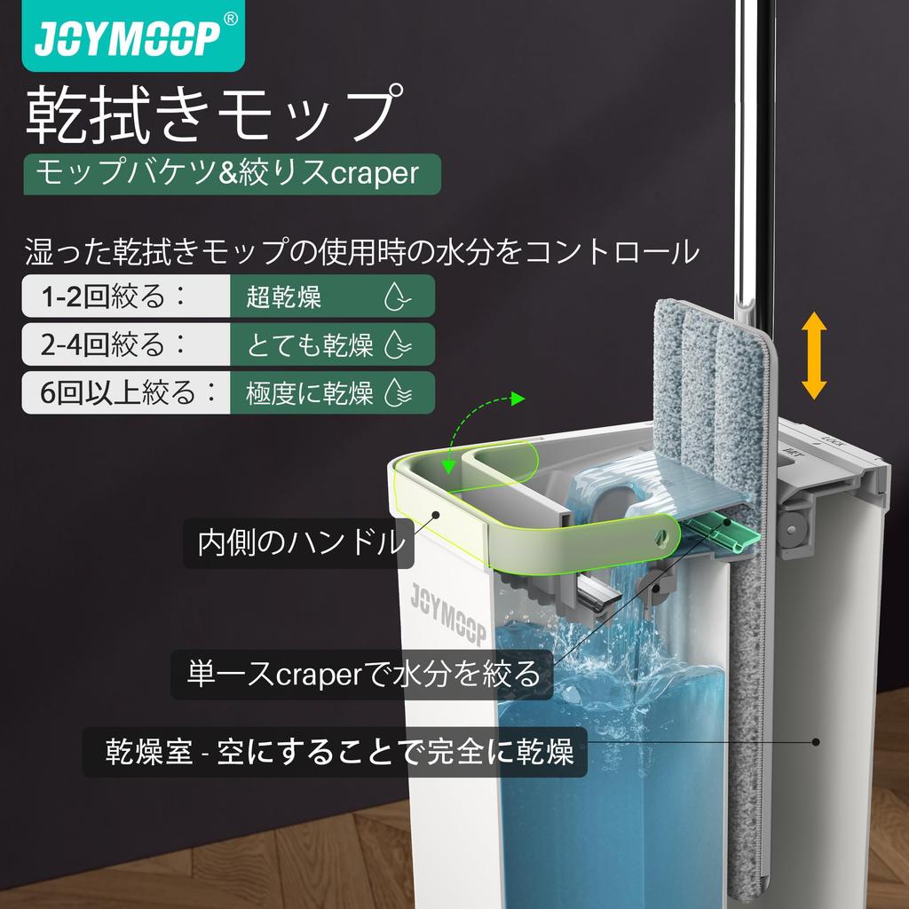 JOYMOOP Mop and Bucket with White Flat Squeeze Mop Bucket Set for Floor Wet Dry Mop for 155cm Mop with 4 Reusable Microfiber Pads Squeezer, Cleaning,