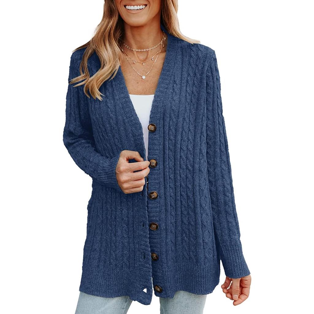 Women's V Neck Long Sleeve Cable Knit Cardigan Regular Fit Casual Sweater Coat