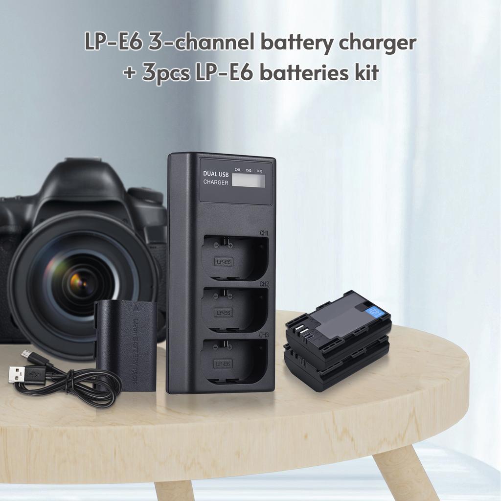 LP E6 Battery Charger 3 Slot Charger with LED Indicators Micro USB & Type C Port + 3pcs LP E6 Batteries 7.4V 2650mAh
