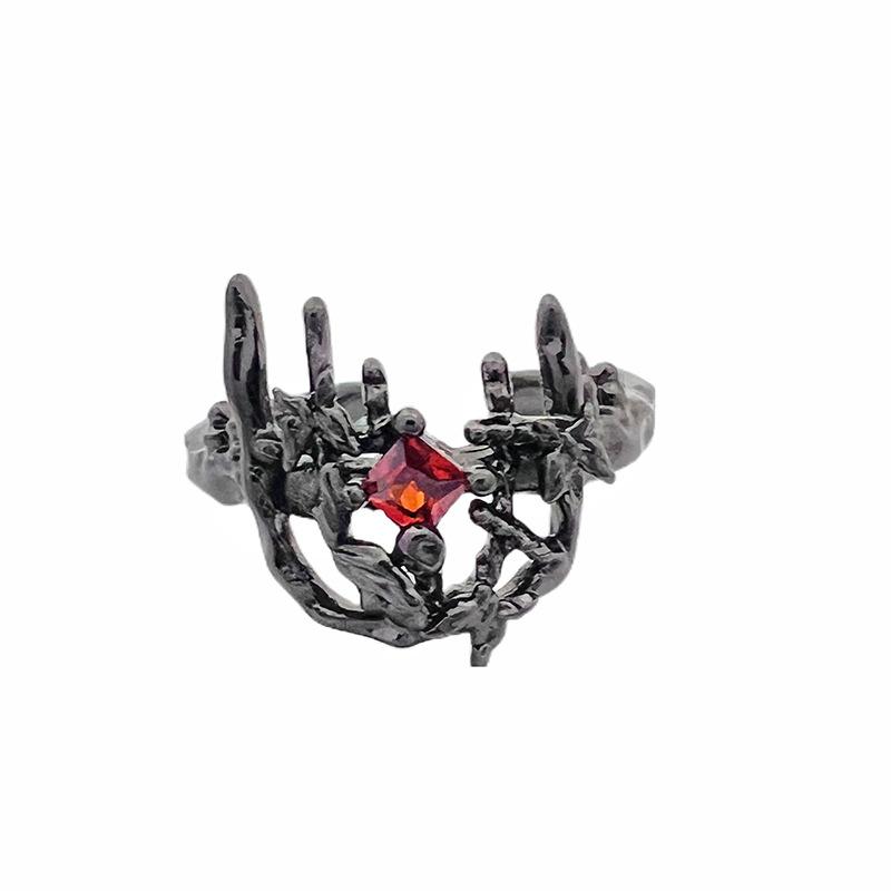 Dark Lava Texture Ruby Ring Women'S Niche Design High Sense Unique Trendy Cool Opening Adjustable Index Finger Ring