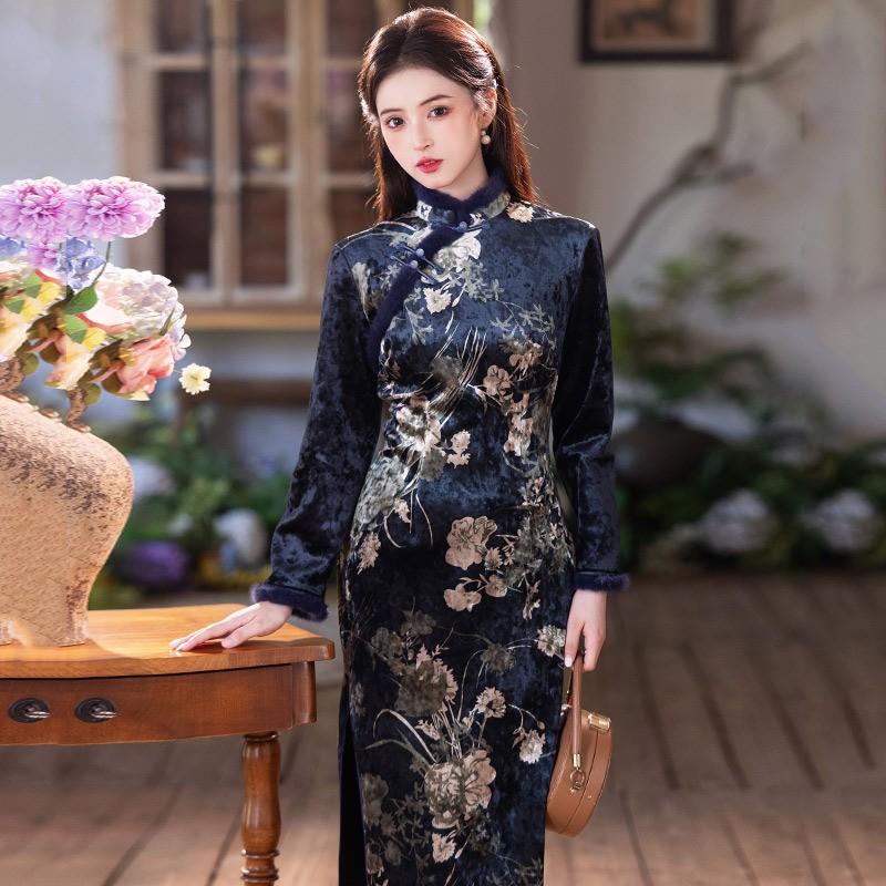 Long Sleeve Winter Kimono-Style Dress With Fleece Lining Stand Collar Zipper Closure Korean Velvet Blend Plus Size