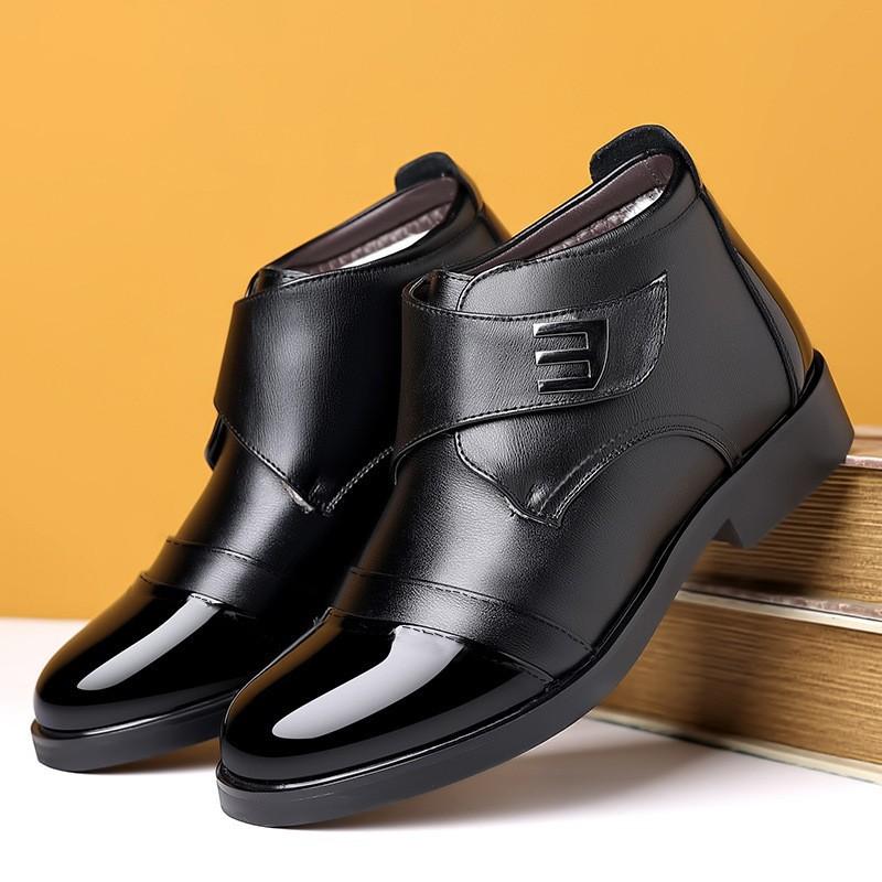 Cotton leather boots winter high-top velvet thickened warm men's shoes leather surface windproof warm cotton shoes glossy business casual shoes