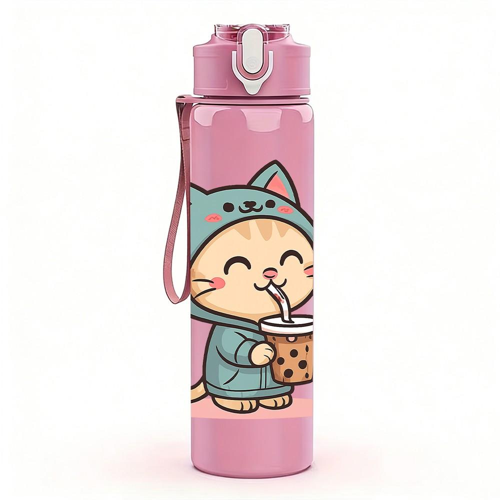 1PC Blue Hood Cat Coffee 750ml Color Plastic Sports Water Bottle Leakproof Flip Straw Lid Suitable for Sports Office Home Use