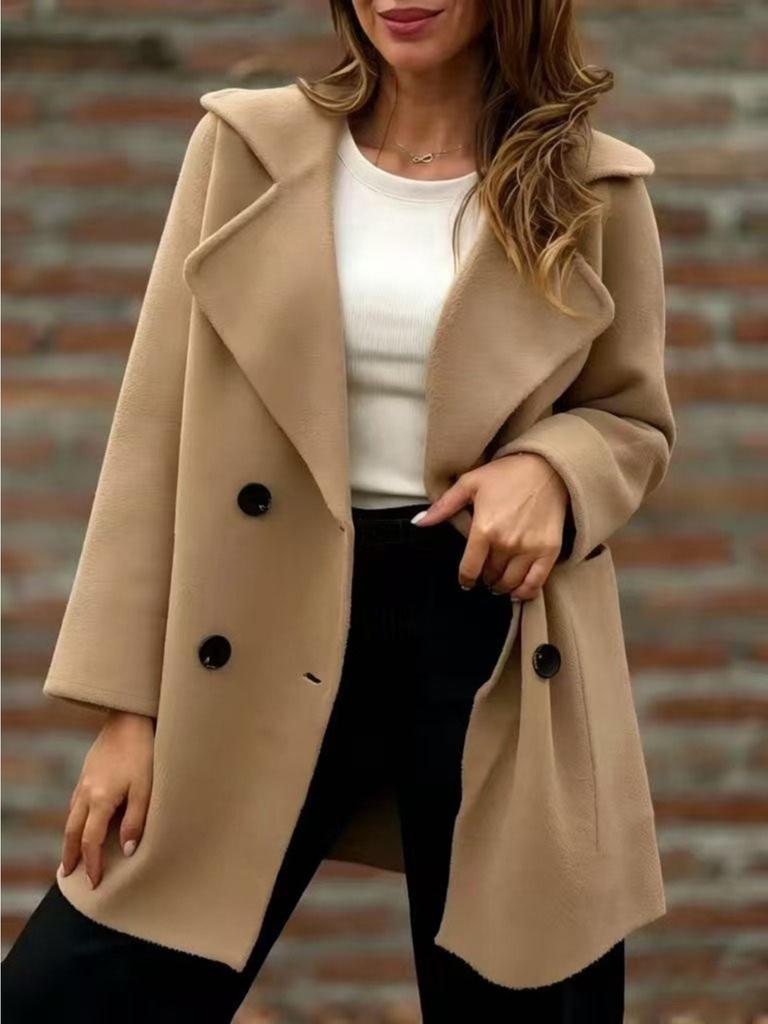 Turndown Collar Trench Women Coat Windbreaker Fitted Clothes Femme Loose Cloak Woolen Double-breasted Coat Outwear