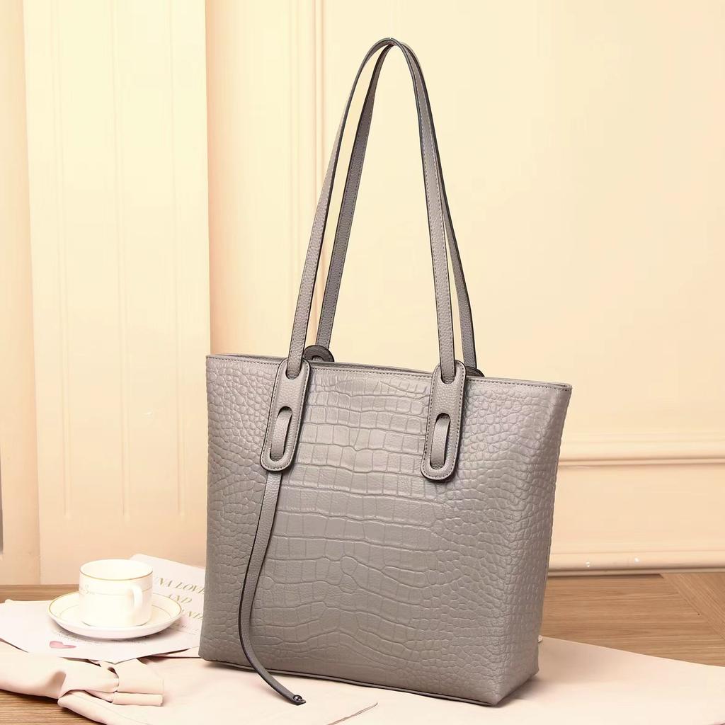 Genuine Leather Tote Bag Women's Korean Version Simple Crocodile Print Top Layer Cowhide Handbag Shoulder Bag