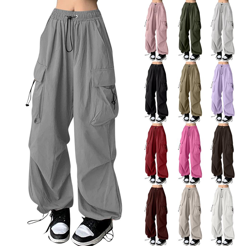 Women's Wide-Leg Athletic Pants with Multiple Pockets, Drawstring and Tapered Ankles