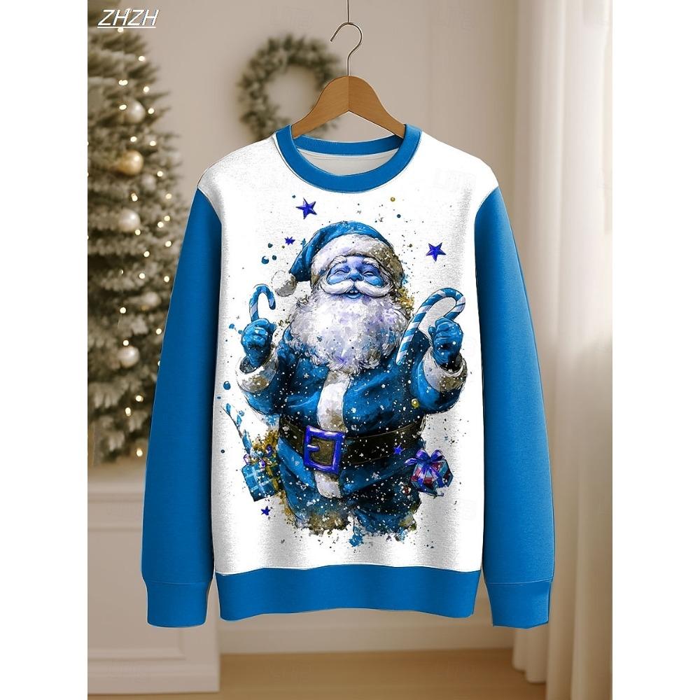 Women's Christmas Santa Print Sweatshirt, Festive Pullover Crewneck, Long Sleeve Holiday Top, Spring Fall Casual Wear