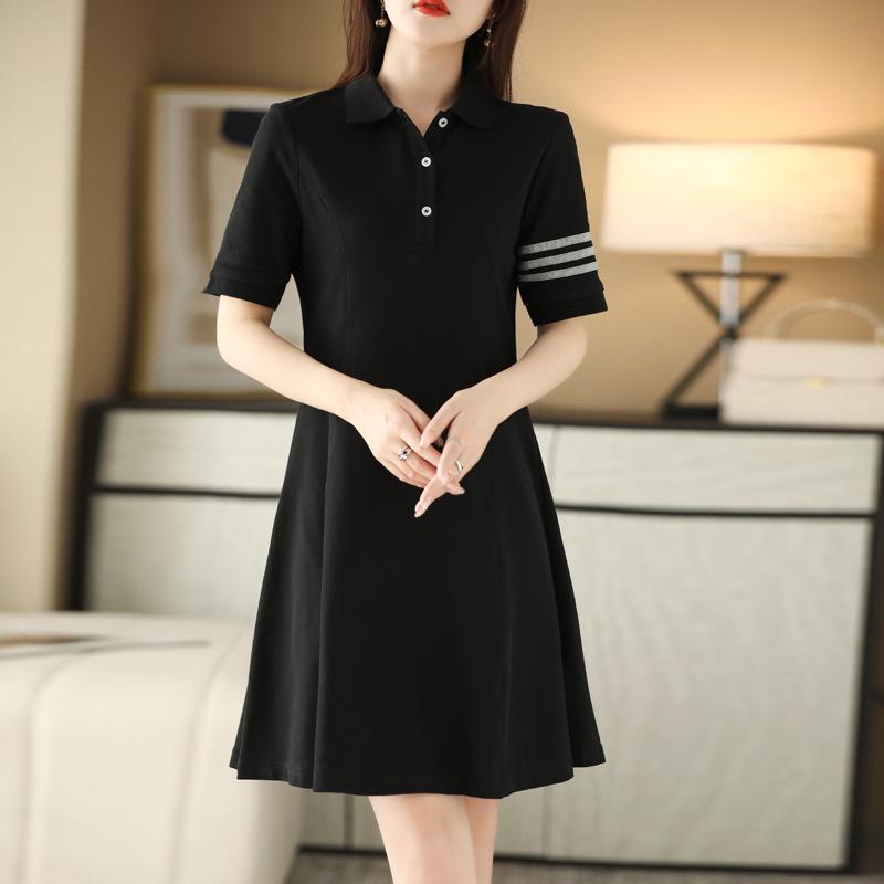 2025 Women's Summer Polo Collar Slimming Mid-Length Color Block Dress with Big Swing Cotton Skirt