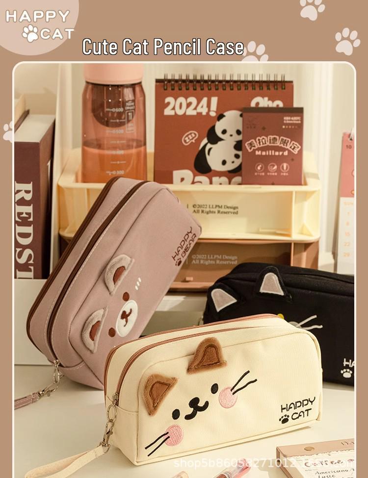 Adorable Cat Embroidered Large-Capacity Stationery Pencil Case for Girl Students