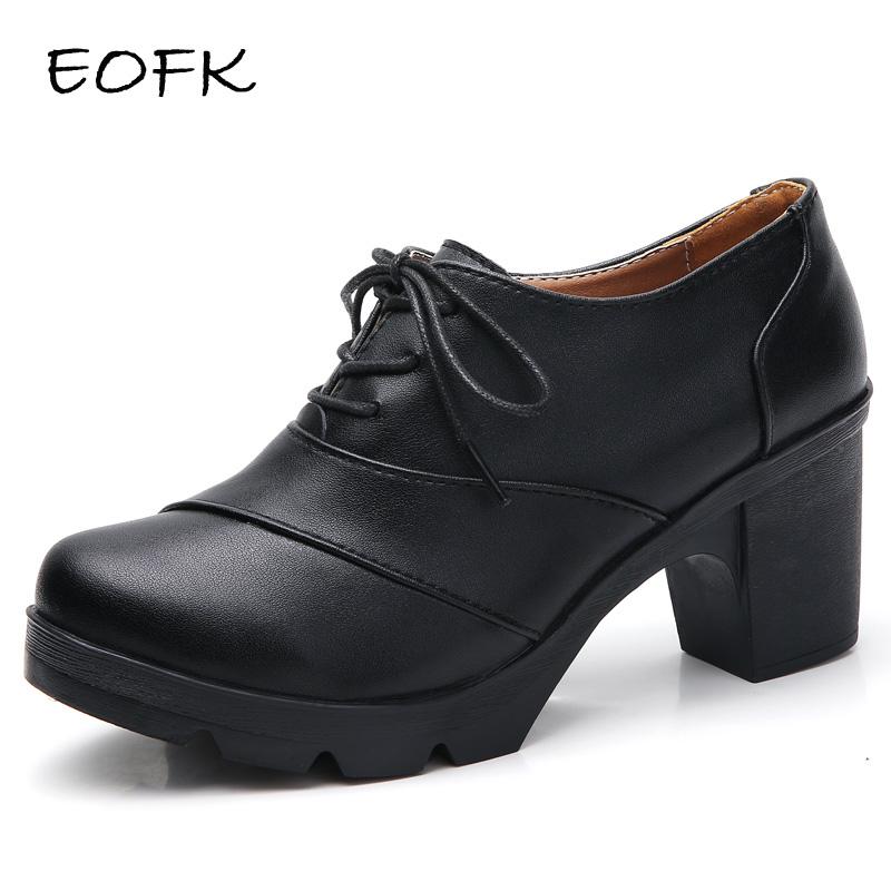 EOFK Damen Pumps Echtes Leder Lammfell Büro Quadratisch Runder Zeh Hohe Absätze 7cm Plateau Damen Derby Schuhe