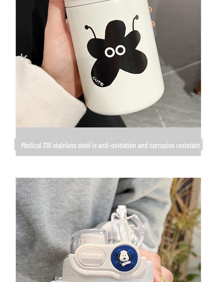 Cute Cartoon Coffee Thermos Cup with Double Spout, Straw, and 316 Stainless Steel - Ideal for Girls