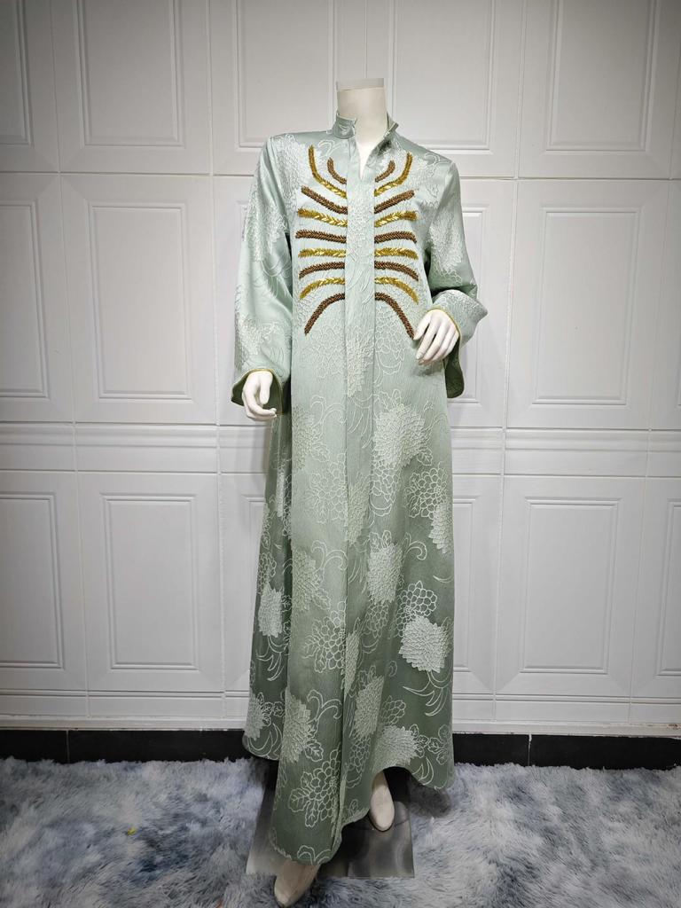 AB402 V-Neck Jacquard Beaded Dubai Dress - Women's Middle Eastern Muslim Robe