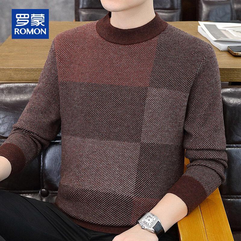 ROMON Men's Thickened 100% Pure Wool Colorblock Half-High Collar Sweater
