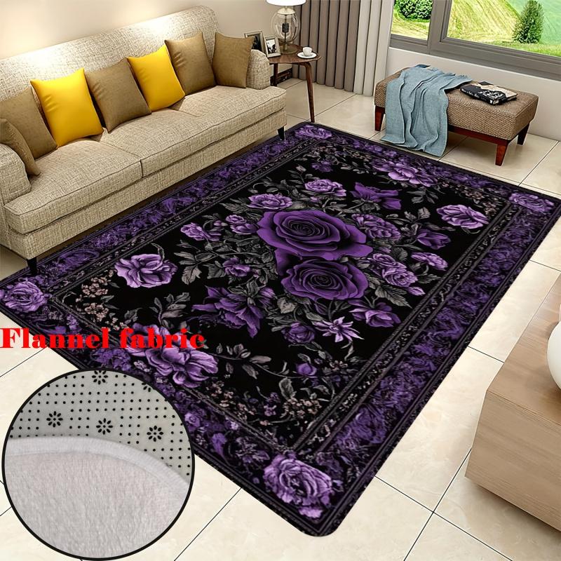 VIKAMA ‘Purple Rose Suite On Black Canvas’ Rug Decorative Rug For Bedroom, Kitchen, Living Room And Dining Room Home Decor