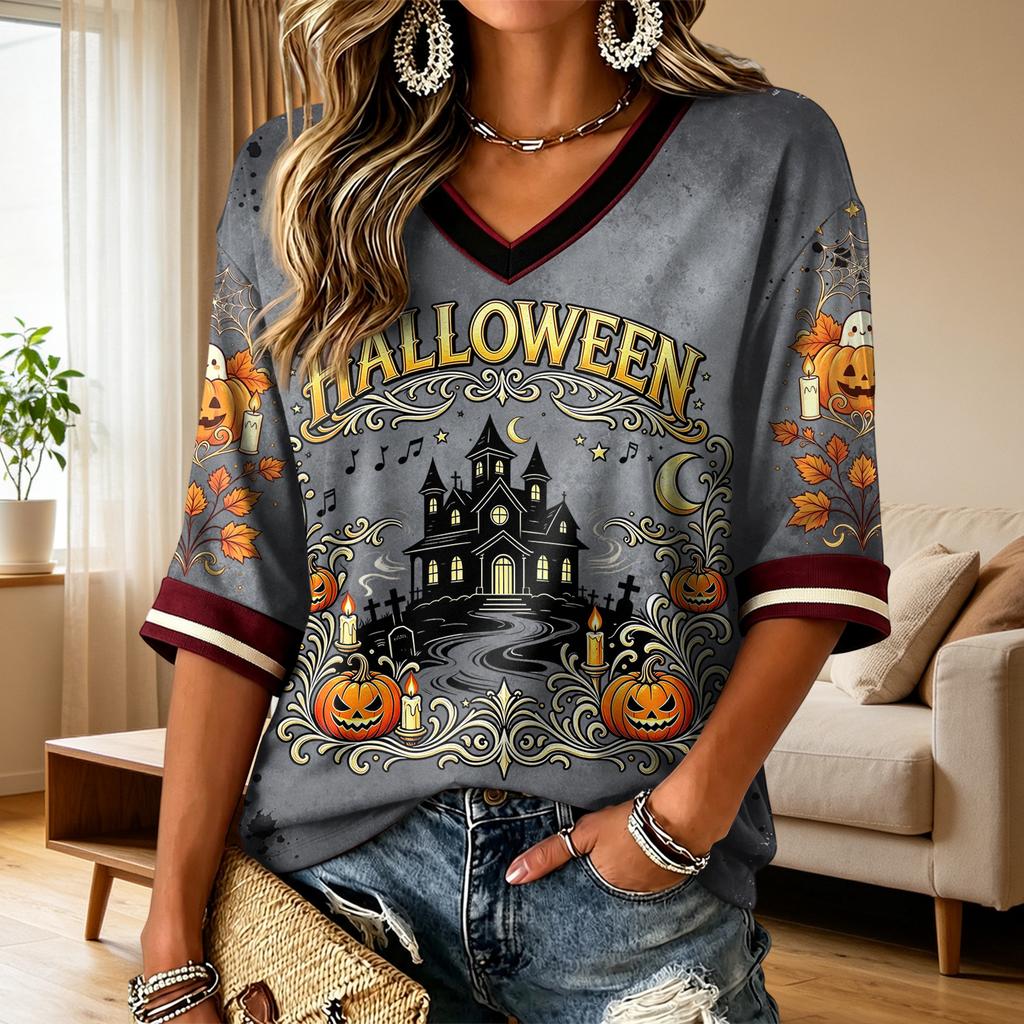 Women's Casual Halloween Printed V-Neck T-Shirt