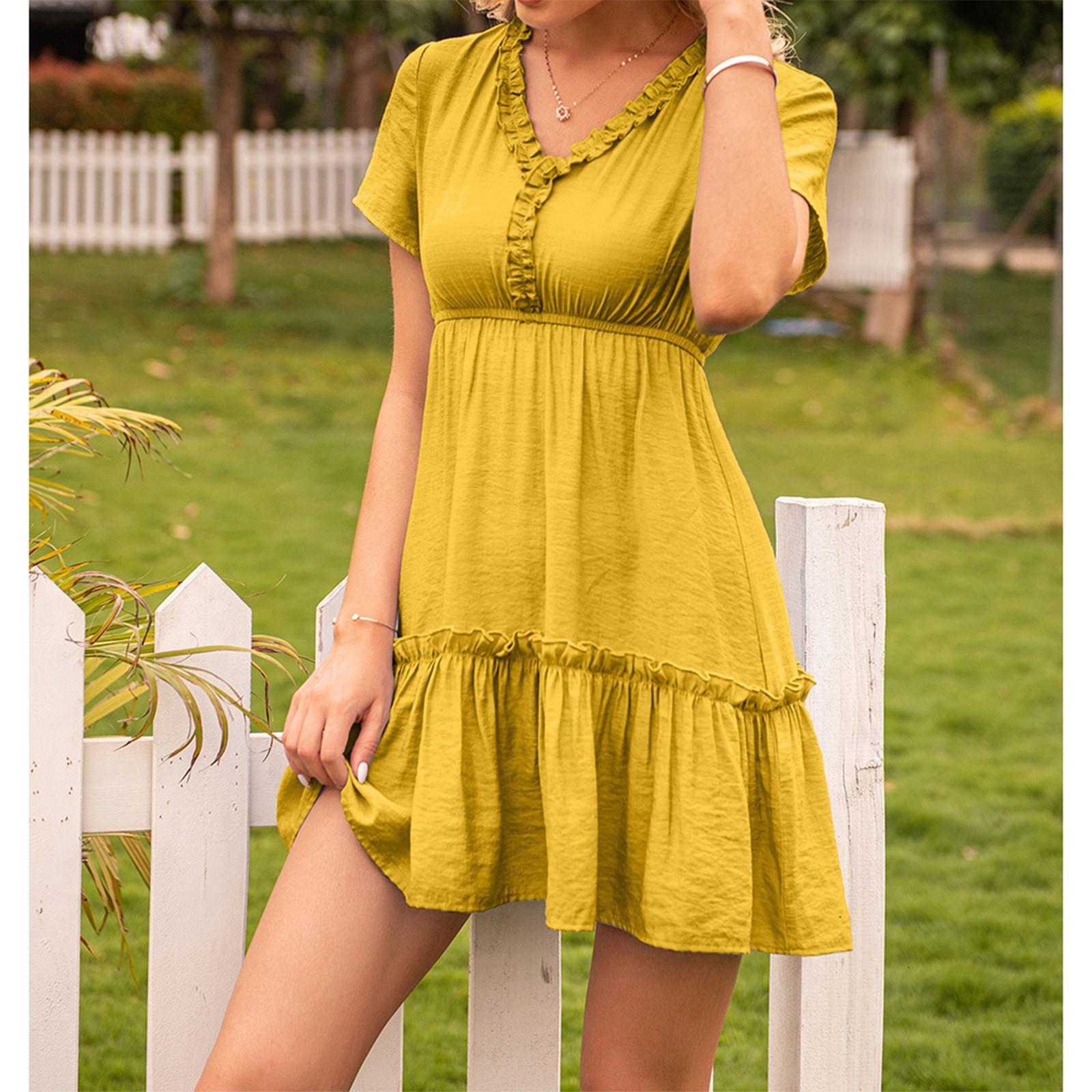 

Женское модное платье с темпераментом, однотонное, с V-образным вырезом и короткими рукавами XL жёлтый