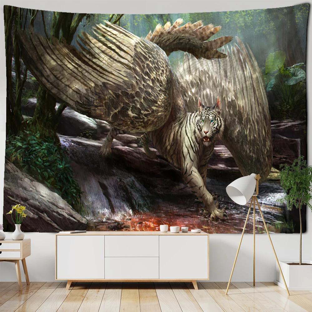 Mysterious Forest Tapestry Wall Hanging Flowers Jungle Animals Moon Ocean Landscape Illustration Room Home Decor