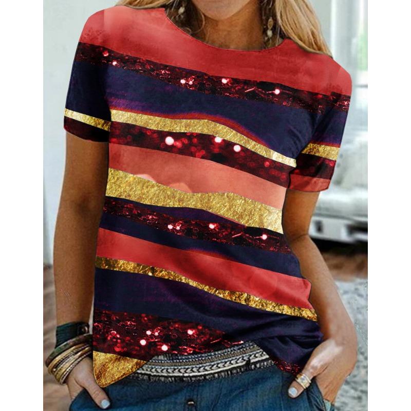 Women's Summer Loose 3D Printed Floral Round Neck Pullover Short Sleeved Top T-shirt