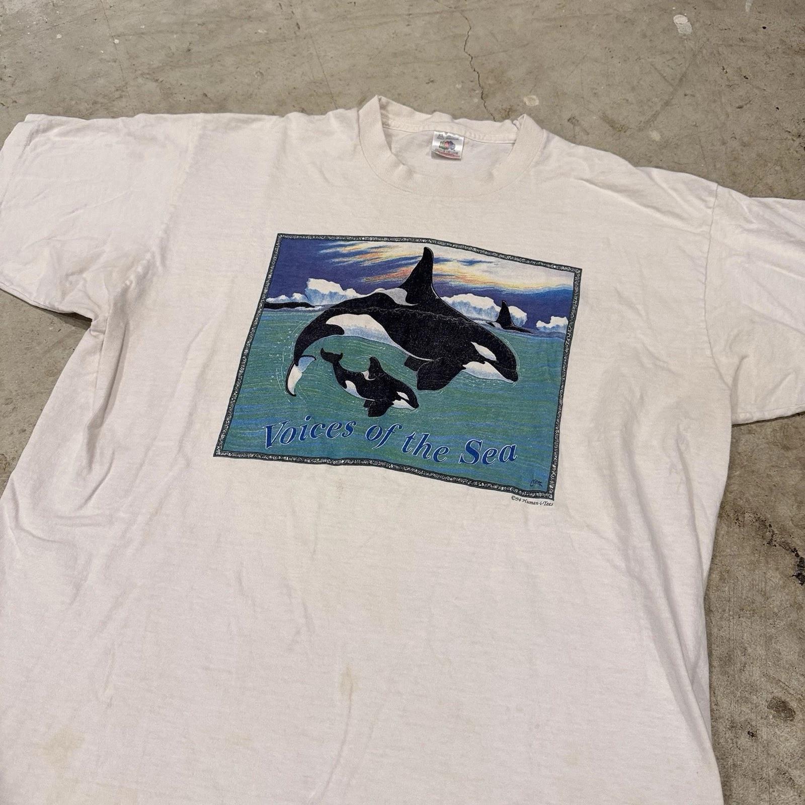 

VTG Voices of the Sea T-Shirt Mens XL White Orca Whale Graphic Ocean 90s *STAINS XL