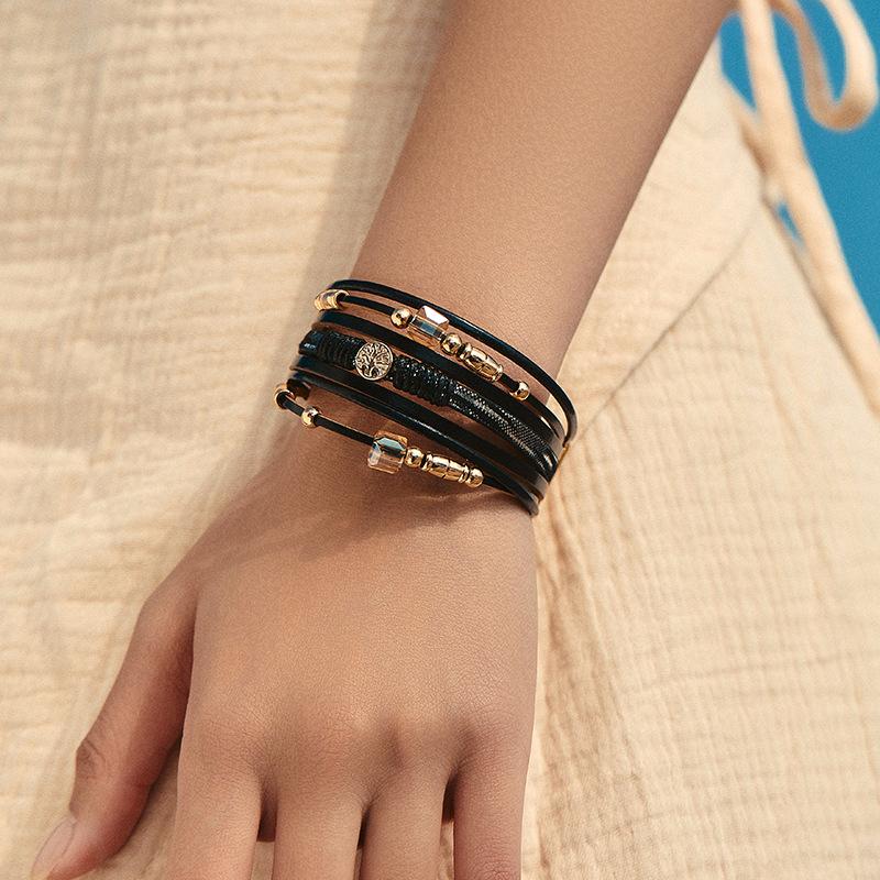 Brățară din piele cu mărgele pentru femei, lanț gros, multistrat, înfășurat, brățări late, accesorii de bijuterii pentru petrecere