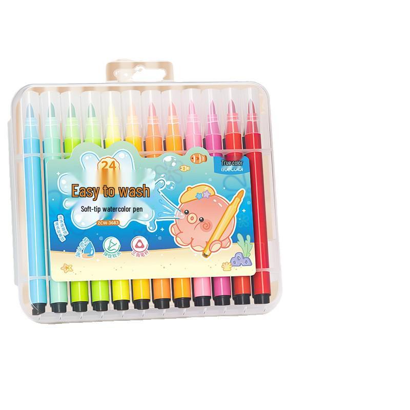 True Color Soft Tip Watercolor Pens with Large Capacity Triangular Barrels for Kids' Art Class and Drawing.