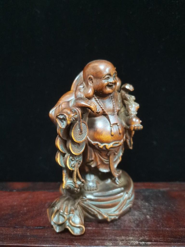 Chinese Vintage Boxwood Carved Rich Maitreya Buddha Statue Nice Sculpture Art