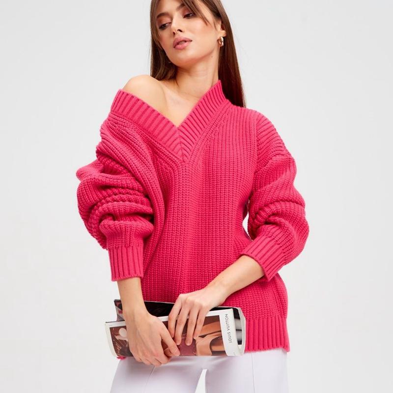 Damski sweter jesienno-zimowy z dekoltem w szpic, w jednolitym kolorze, z długim rękawem, luźnym, dzianinowym swetrem na wszystkie mecze