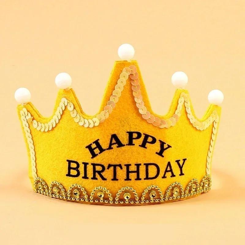 LED Happy Birthday Party Crown Hat Light Up Headdress King Princess Prince Baby Shower Boy Girl Children Decoration Supplies