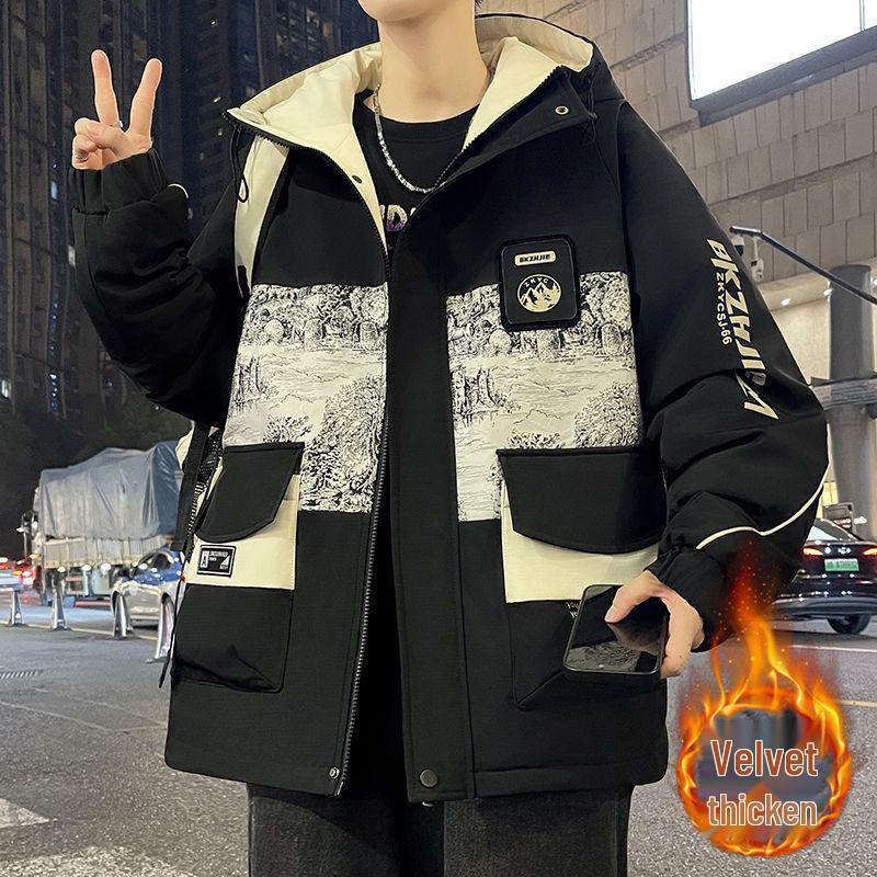 

Men s Casual Loose Hooded Jacket with Plus Velvet, Thickened for Winter - Printed Design for Teens and Students M (40-50 kg)
