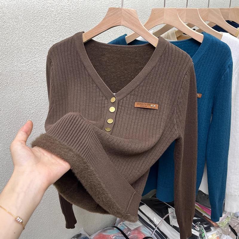 

Женский интегрированный бархатный свитер с V-образным вырезом на осень и зиму с плюшевой и утолщенной трикотажной основой one size кофейный