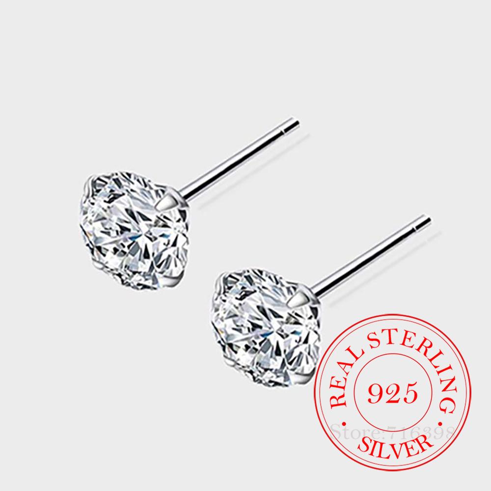 100% Real 925 Sterling Silver Round Crystal Stud Earrings for Women Fashion Piercing Jewelry Women's Party Wedding Gift