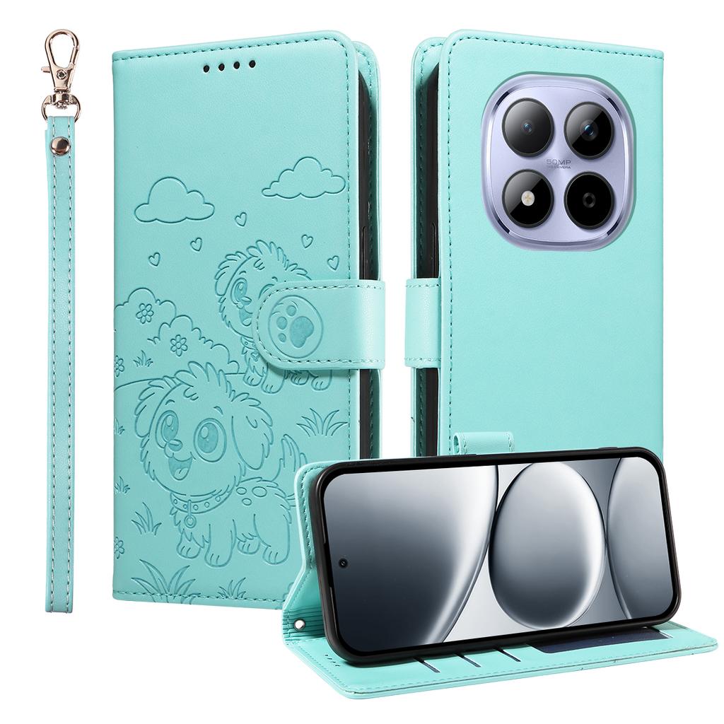 Etui do Xiaomi Redmi Note 15 Pro 5G z blokadą RFID, wytłaczany wzór psa, pokrywa na telefon ze skóry PU z paskiem na nadgarstek