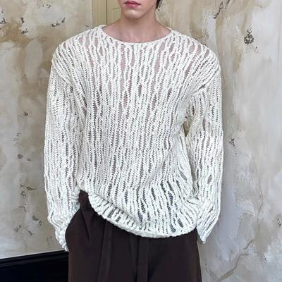 Pánský svetr s kulatým výstřihem a dlouhým rukávem, s dutým vzorem, sexy průhledný pulovr, jednobarevný pletený top, ležérní pracovní pouliční oblečení