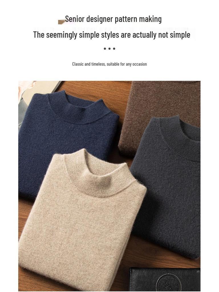 Men's 100% Pure Cashmere Half-High Collar Knit Sweater - Business Casual Long Sleeve Pullover