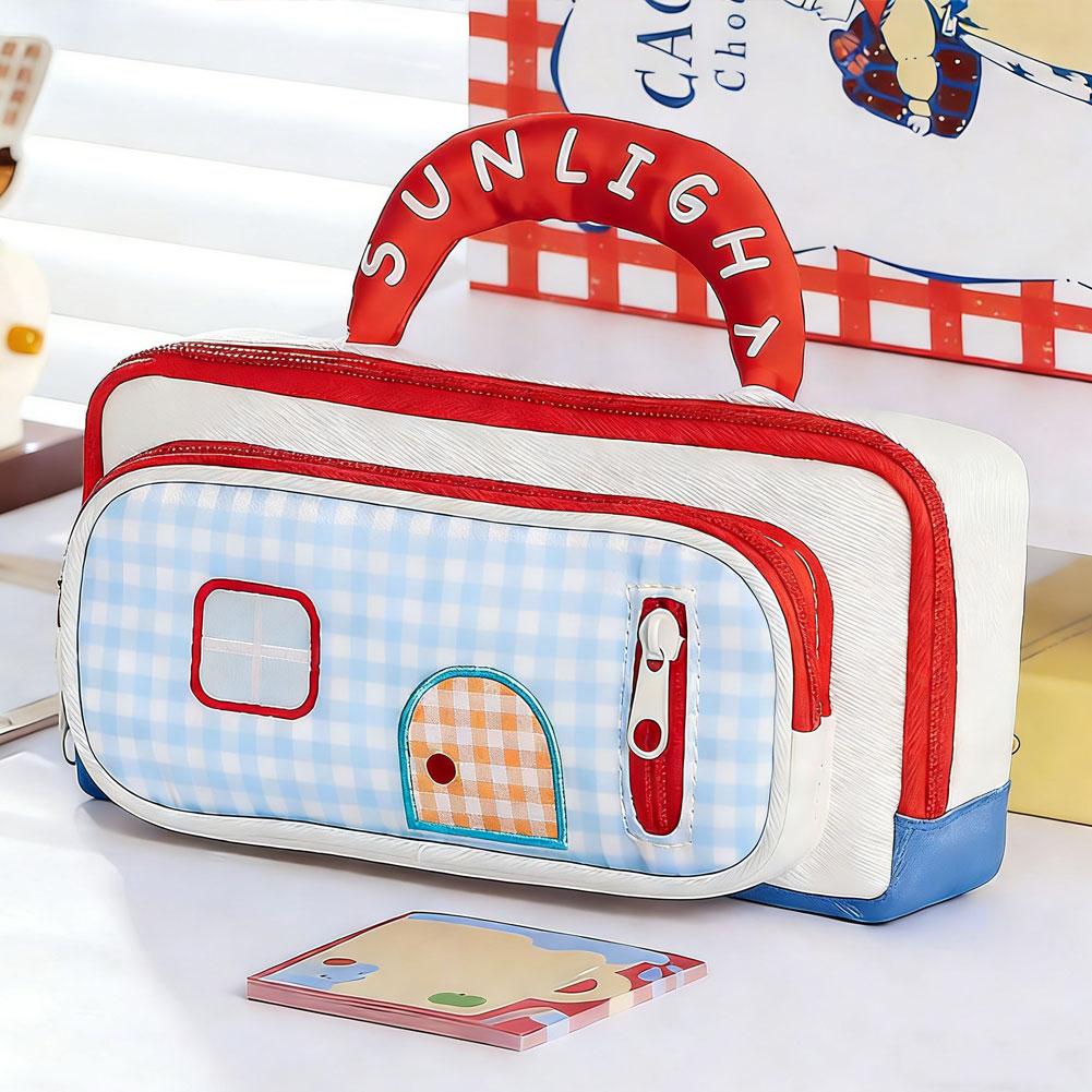 

3 Layers Portable Pencil Pouch Large Capacity House Design High Appearance Pen Bag School Supplies for Students Home красный